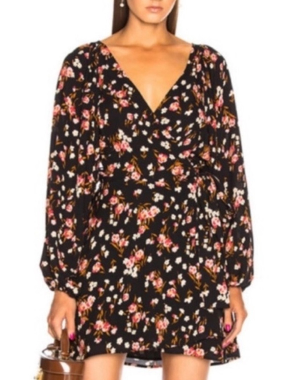 A.L.C. Silk Wrap Dress Black Floral V-Neck Long Sleeve